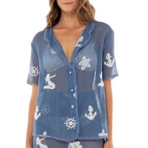 Aqua Bendita Kai Axel Mesh Button Down Shirt NWT Top Nautical Embroidered Blue